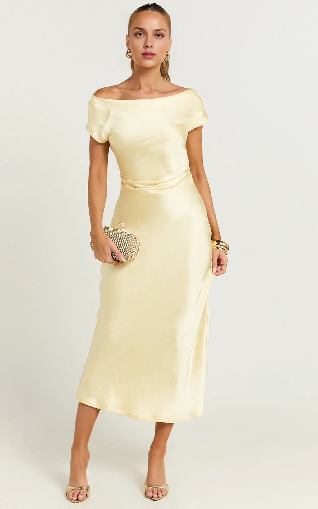 Dress Slip Midi Dress Short Sleeve Low Cowl Back Dress Boat Neck Sheath Evening Dress