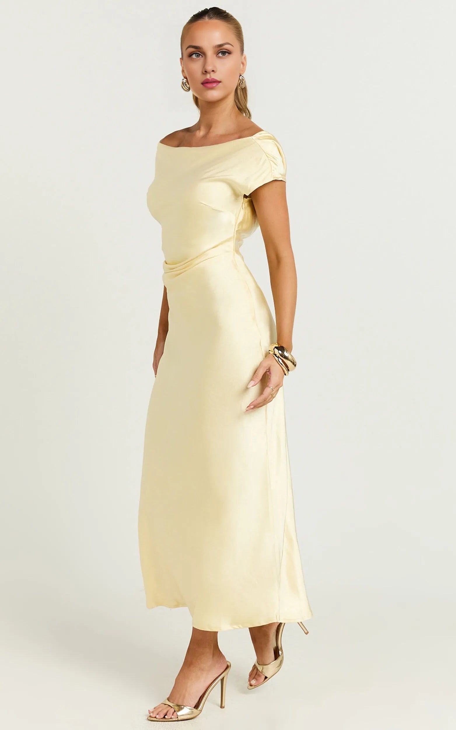 Dress Slip Midi Dress Short Sleeve Low Cowl Back Dress Boat Neck Sheath Evening Dress