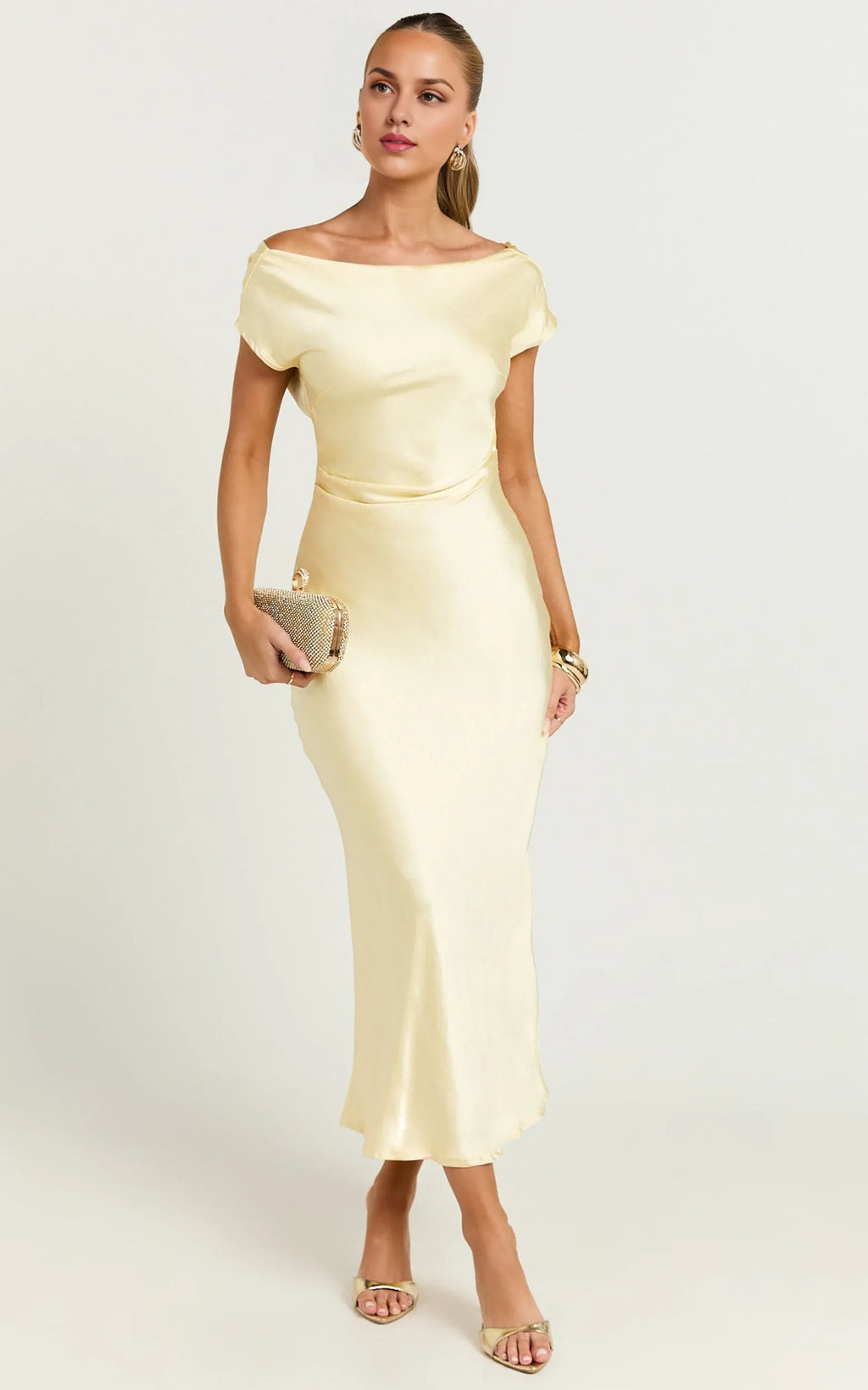 Dress Slip Midi Dress Short Sleeve Low Cowl Back Dress Boat Neck Sheath Evening Dress