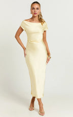 Dress Slip Midi Dress Short Sleeve Low Cowl Back Dress Boat Neck Sheath Evening Dress