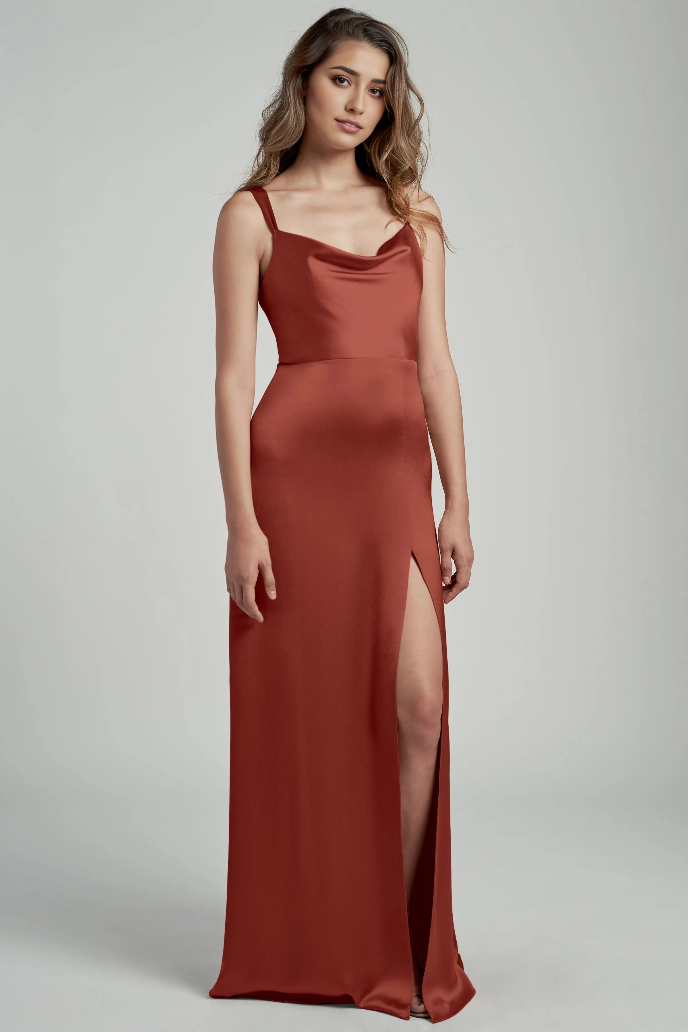 Dress Wide Pleated Straps Cowl Neck Evening Dress Bridesmaid Dress Floor-Length Sheath Slit Open Back Prom Dress
