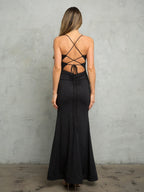 Dress Sexy Long Fitted Glitter Formal Dress Spaghetti Straps Backless Crisscross Back Prom Dress