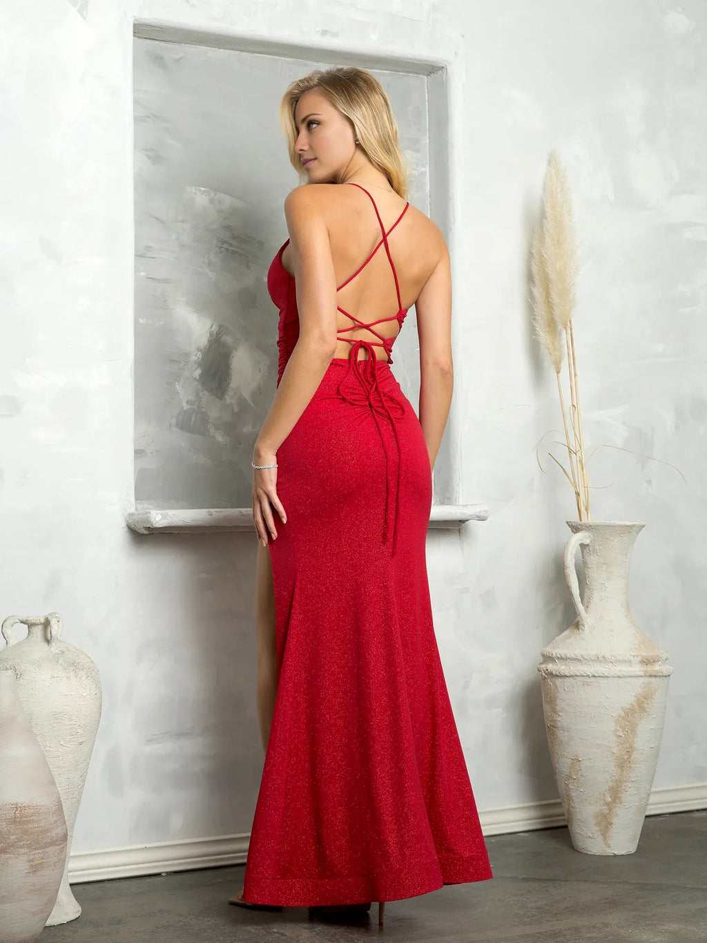Dress Sexy Long Fitted Glitter Formal Dress Spaghetti Straps Backless Crisscross Back Prom Dress