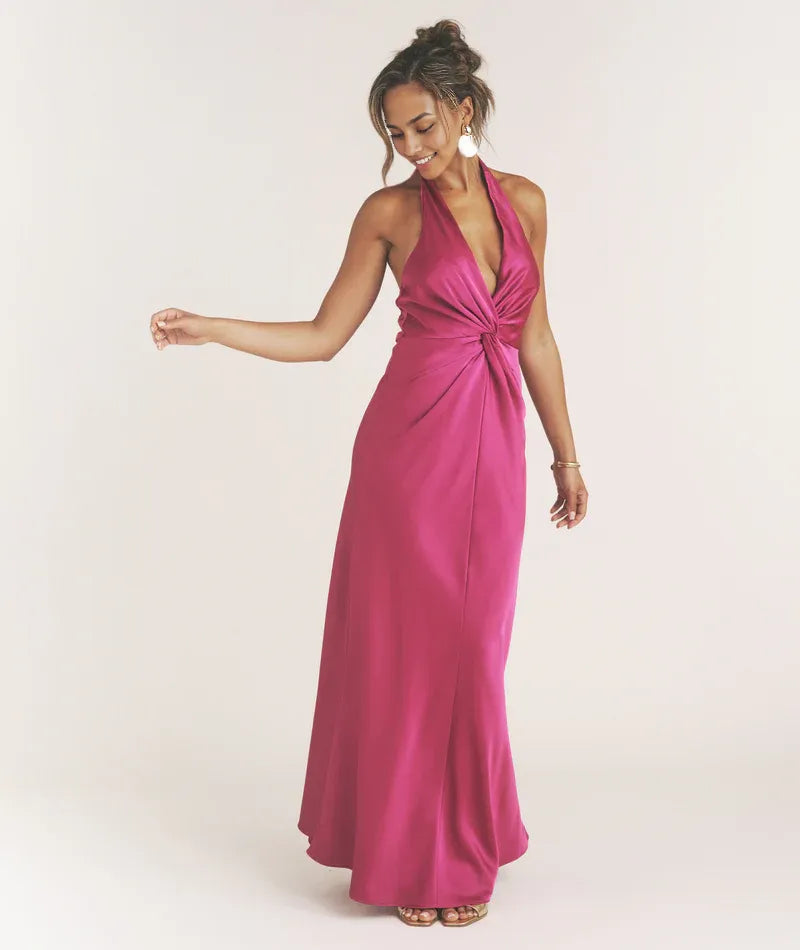 Dress Sexy Plunge Knot Detail Sleeveless Maxi Dress Fuchisa Column Twist Backless Prom Dress