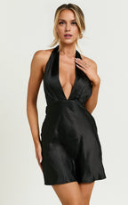 Black Dress Sexy Plunge Neck Back Tie Mini Dress A-Line Sleeveless Backless Cold Shoulder Homecoming Dress