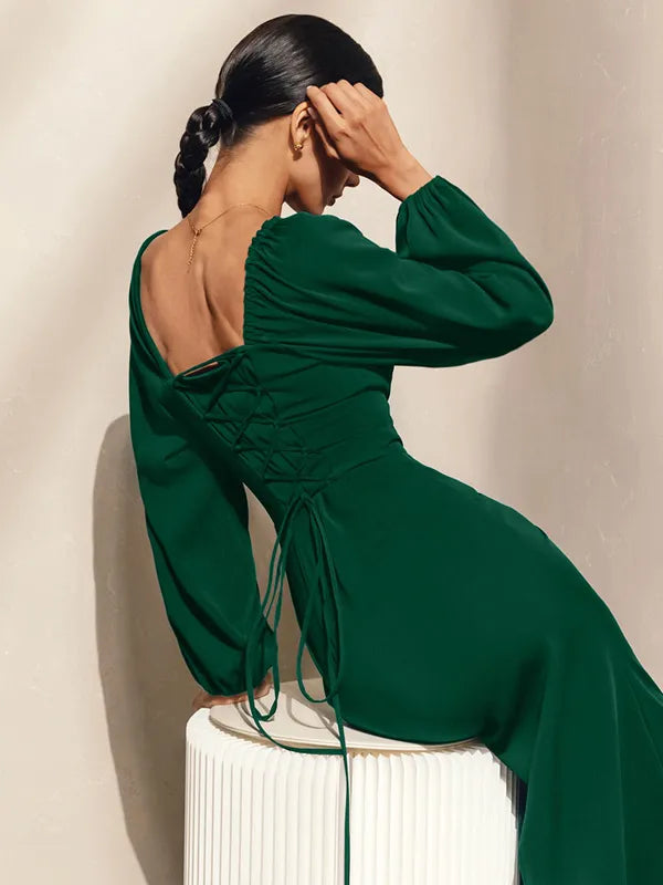 Dress Sexy Slit Dress Square Neck Lace-up Backless Birthday Party Prom Midi Dresses