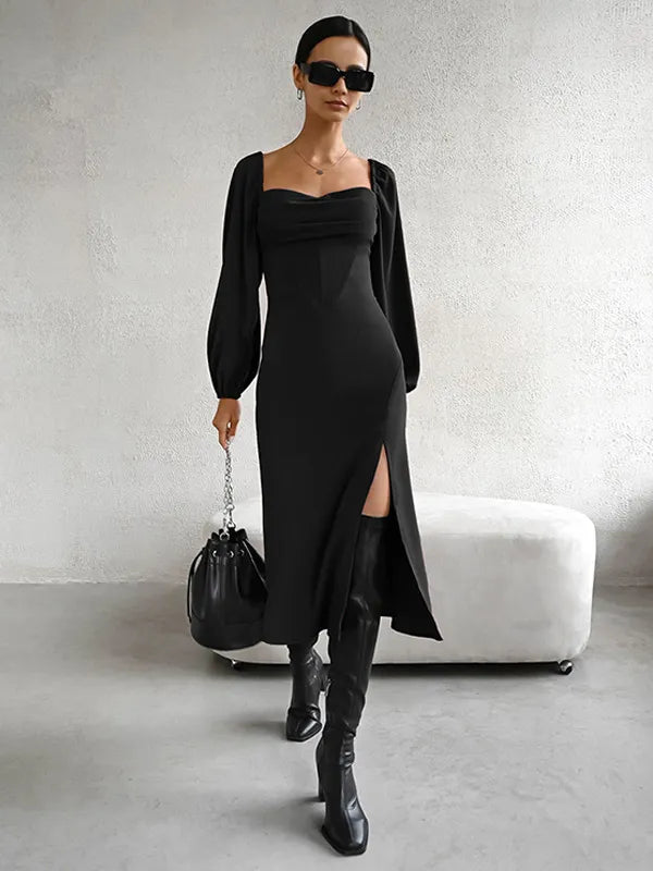 Dress Sexy Slit Dress Square Neck Lace-up Backless Birthday Party Prom Midi Dresses