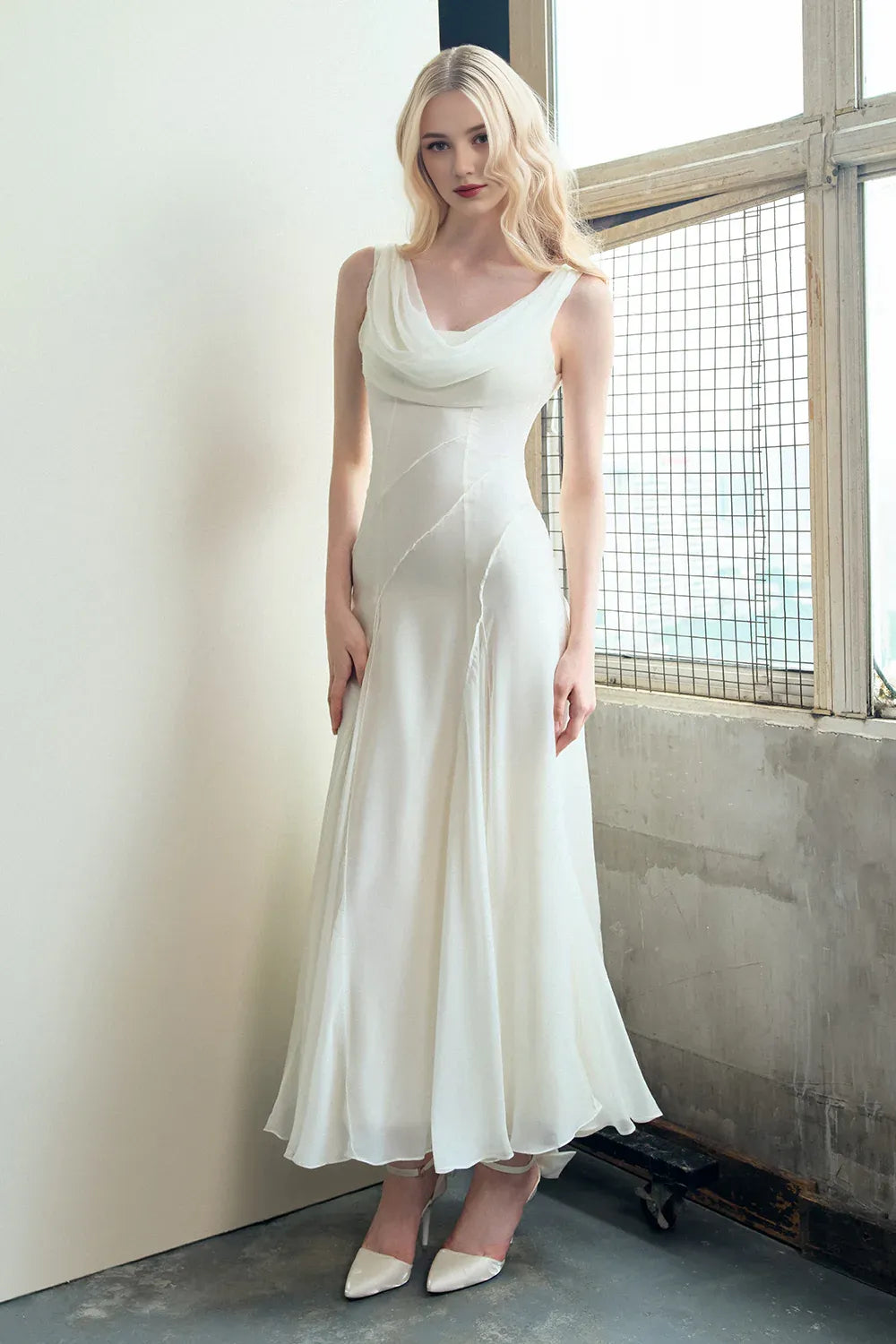 Dress Sheath Cowl Neck Voile Ankle Length Maxi Dress Sleeveless Simple Solid Color Backless Prom Dress