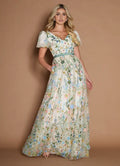 Dress Short Sleeves V Neck Elegant Maxi Dress Prom Dress Backless Romantic Flower A-Line Evening Dress