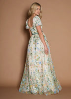 Dress Short Sleeves V Neck Elegant Maxi Dress Prom Dress Backless Romantic Flower A-Line Evening Dress