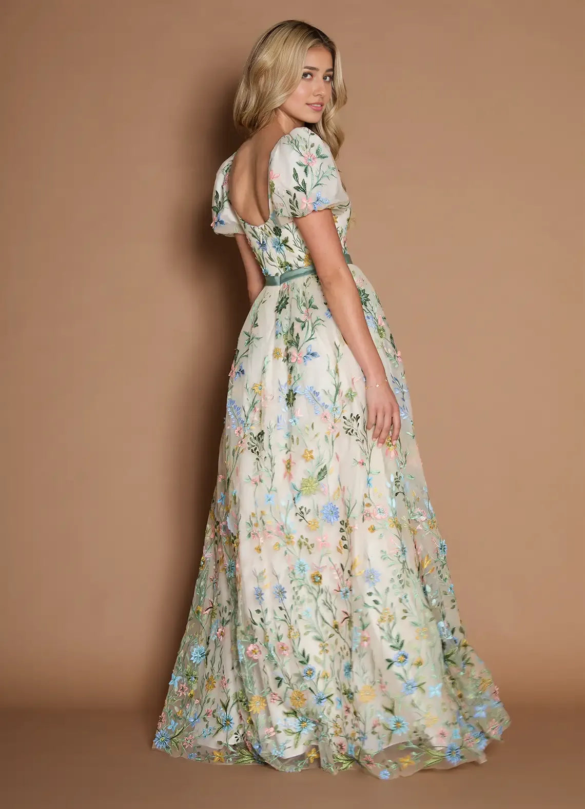 Dress Short Sleeves V Neck Elegant Maxi Dress Prom Dress Backless Romantic Flower A-Line Evening Dress