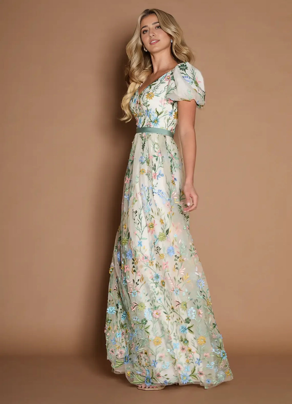 Dress Short Sleeves V Neck Elegant Maxi Dress Prom Dress Backless Romantic Flower A-Line Evening Dress