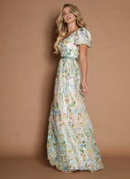 Dress Short Sleeves V Neck Elegant Maxi Dress Prom Dress Backless Romantic Flower A-Line Evening Dress