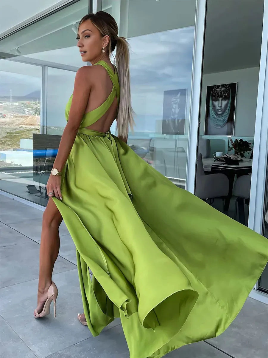 Dress Simple A-line Crisscross Maxi Dress Sleeveless Empire Waist High-Slit Prom Dresses