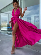 Dress Simple A-line Crisscross Maxi Dress Sleeveless Empire Waist High-Slit Prom Dresses