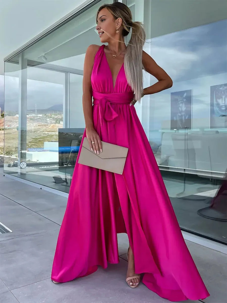 Dress Simple A-line Crisscross Maxi Dress Sleeveless Empire Waist High-Slit Prom Dresses