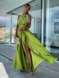 Dress Simple A-line Crisscross Maxi Dress Sleeveless Empire Waist High-Slit Prom Dresses