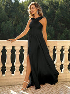 Dress Simple A-line Maxi Slit Dress Sleeveless Pleats Formal Party Prom Dress