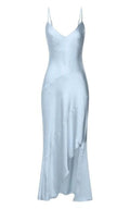 Blue Dress Simple Asymmetric Draped Bias Cut Slip Cocktail Maxi Dresses Sheath Solid Color Spaghetti Straps Prom Dress