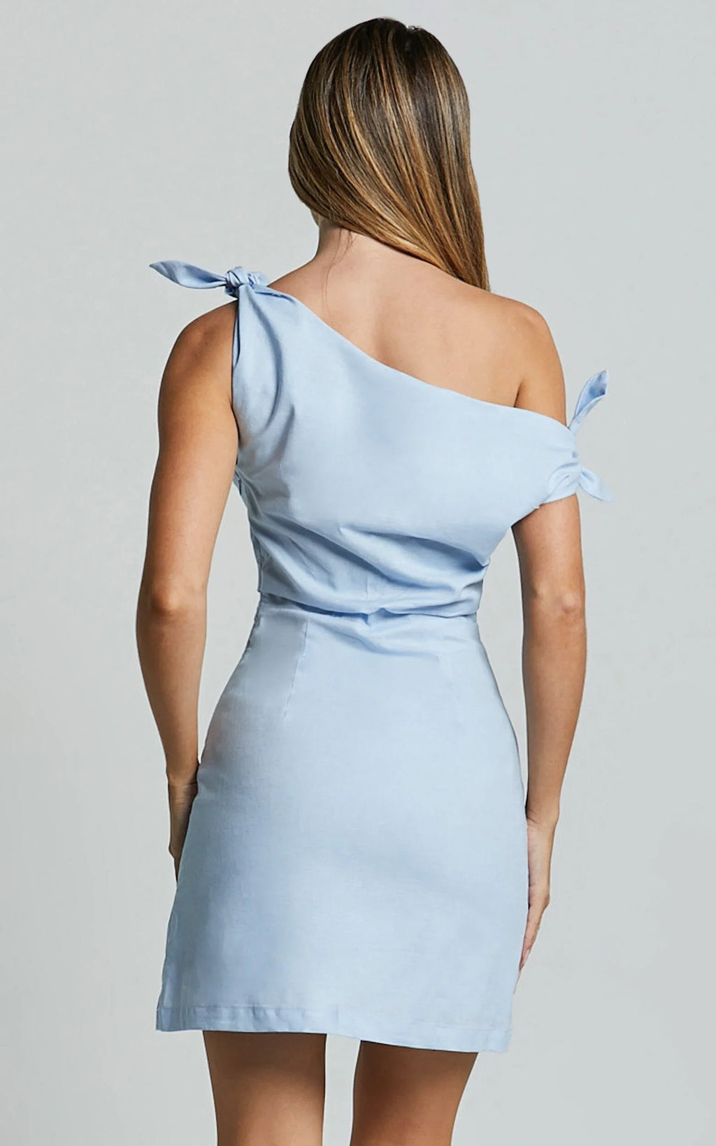 Blue Dress Simple Asymmetrical Off The Shoulder Mini Dress Column Sleeveless Backless Homecoming Dress