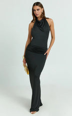 Black Dress Simple Backless Ruched Bodycon Maxi Dress Trumpet Sleeveless Backless Evening Dress