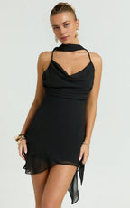 Black Dress Simple Cowl Neck Low Back Asymmetric Hem Mini Dress Solid Color Sleeveless Backless Party Homecoming Dress