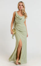 Dress Simple Cowl Neck Scarf Maxi Dress Solid Color Sage Sleeveless Backless Party Evening Dress With Slit