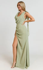 Dress Simple Cowl Neck Scarf Maxi Dress Solid Color Sage Sleeveless Backless Party Evening Dress With Slit