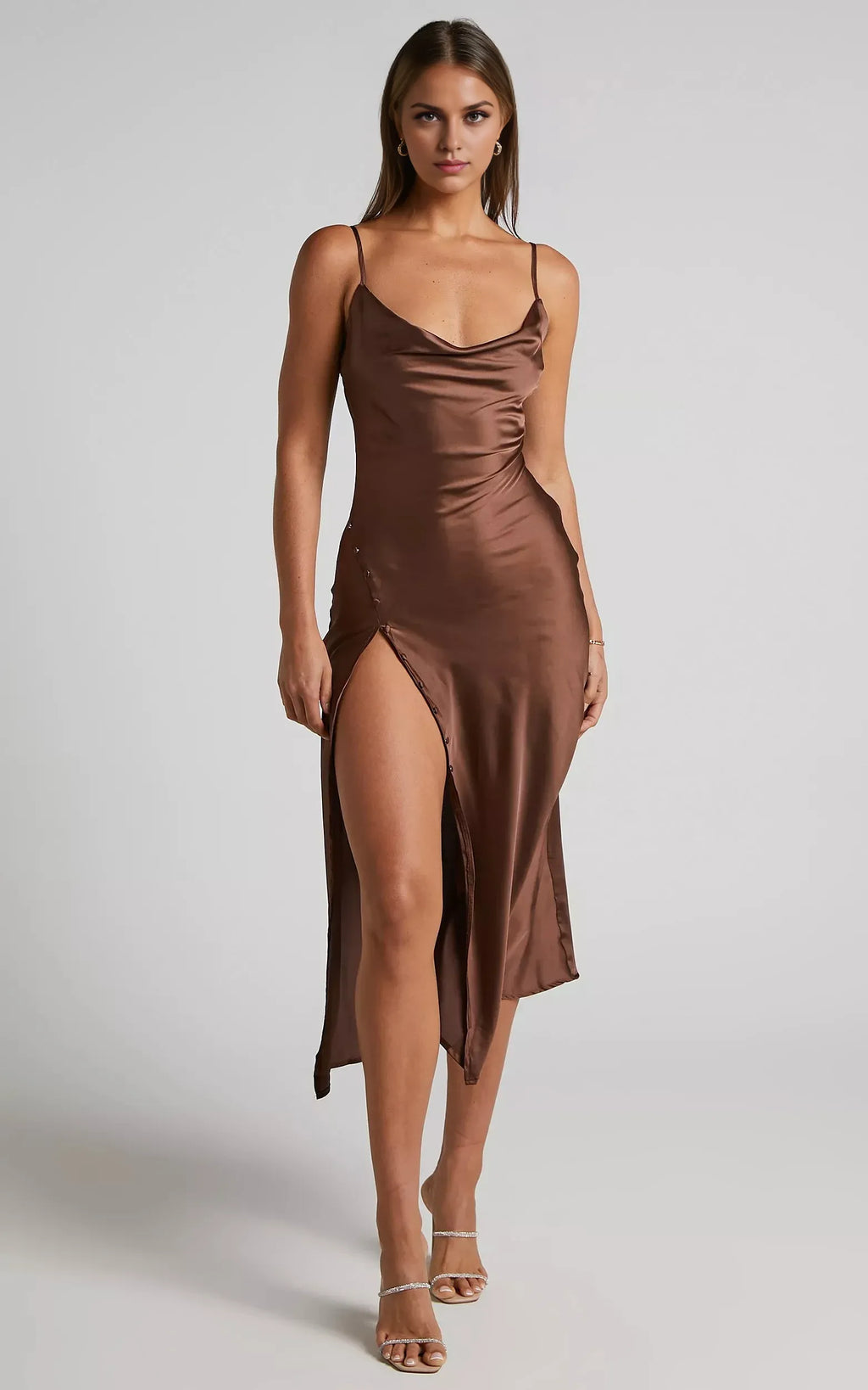 Dress Simple Cowl Neck Thigh Slit Slip Chocolate Midi Dress Spaghetti Straps Solid Color Sleeveless Party Evening Dress