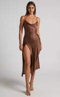 Dress Simple Cowl Neck Thigh Slit Slip Chocolate Midi Dress Spaghetti Straps Solid Color Sleeveless Party Evening Dress