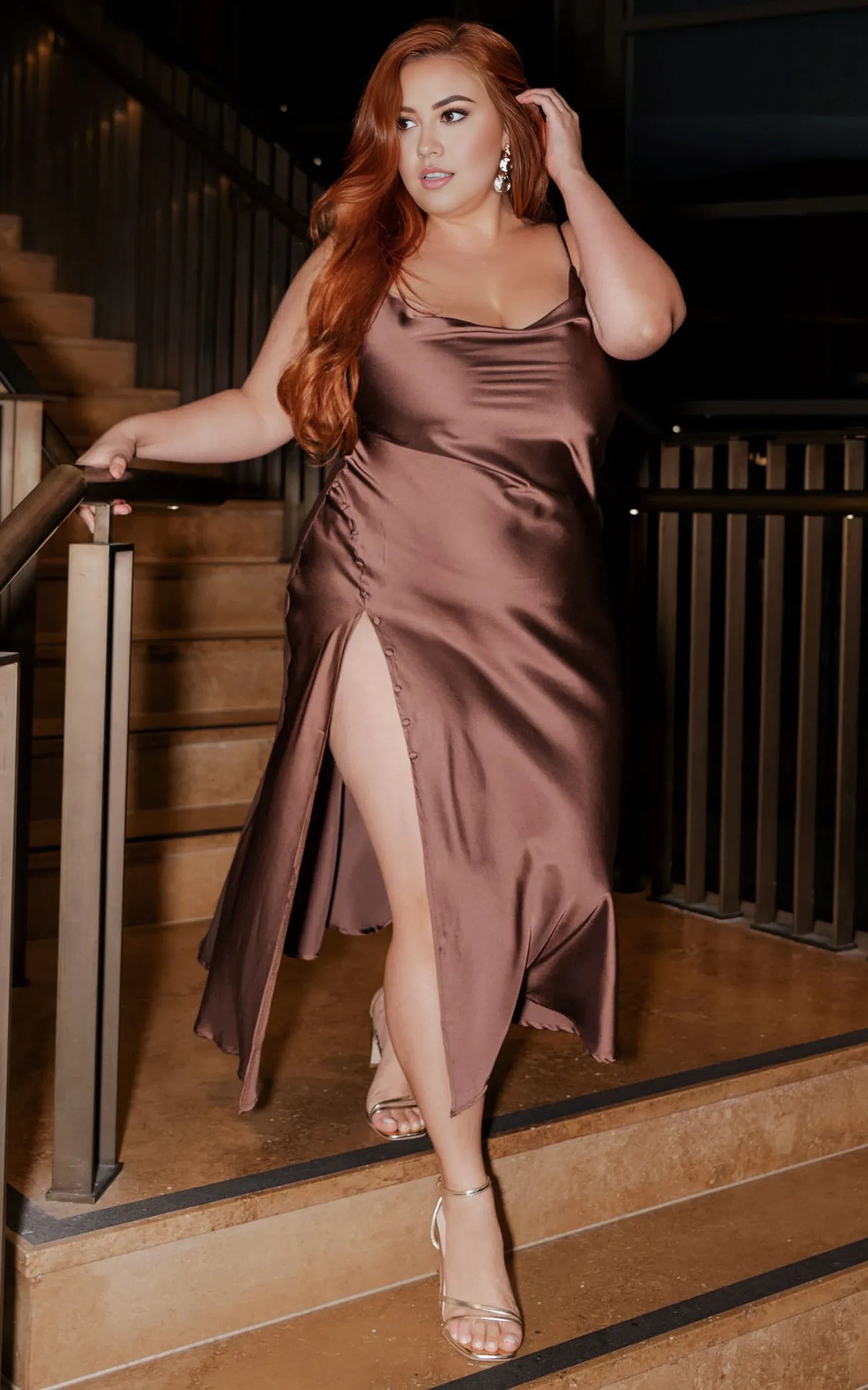 Dress Simple Cowl Neck Thigh Slit Slip Chocolate Midi Dress Spaghetti Straps Solid Color Sleeveless Party Evening Dress