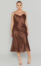 Dress Simple Cowl Neck Thigh Slit Slip Chocolate Midi Dress Spaghetti Straps Solid Color Sleeveless Party Evening Dress