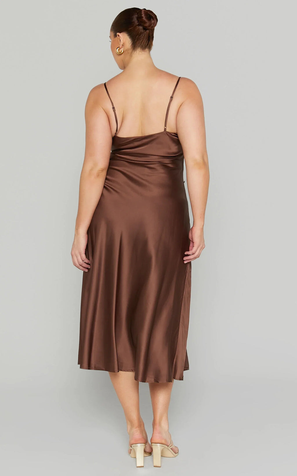 Dress Simple Cowl Neck Thigh Slit Slip Chocolate Midi Dress Spaghetti Straps Solid Color Sleeveless Party Evening Dress