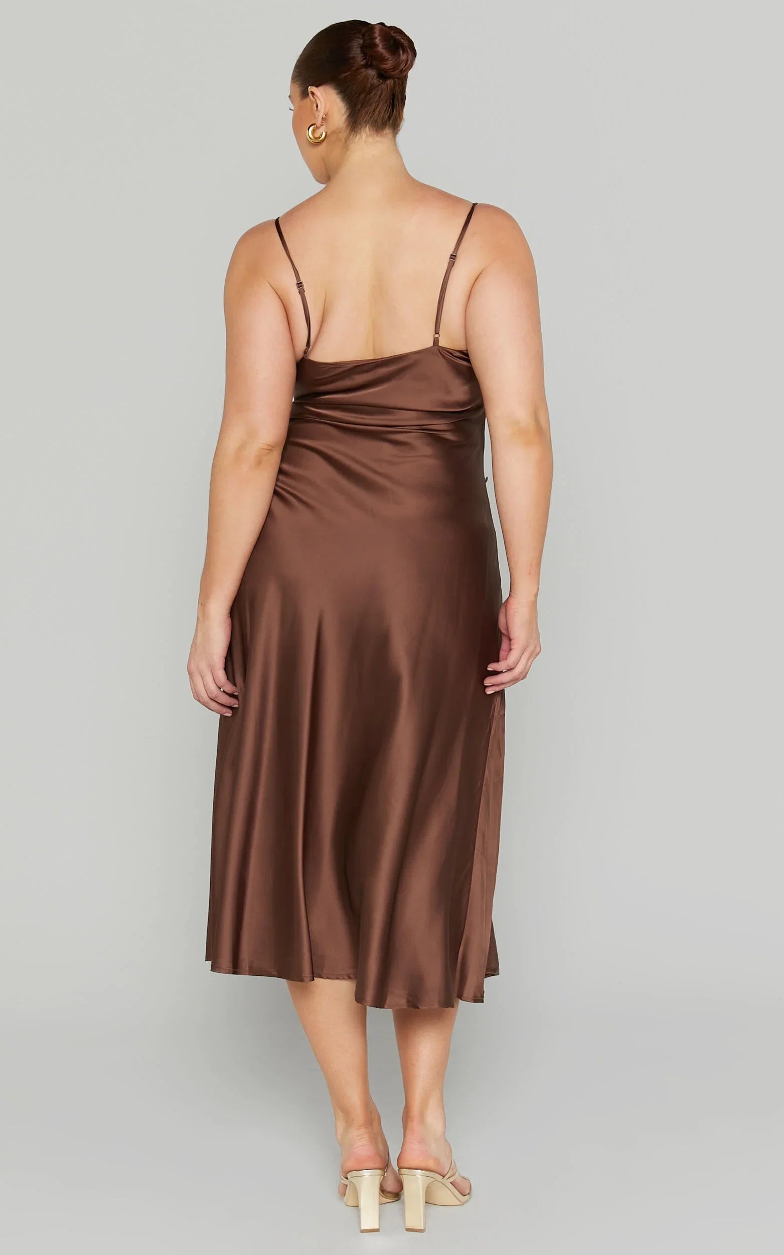 Dress Simple Cowl Neck Thigh Slit Slip Chocolate Midi Dress Spaghetti Straps Solid Color Sleeveless Party Evening Dress