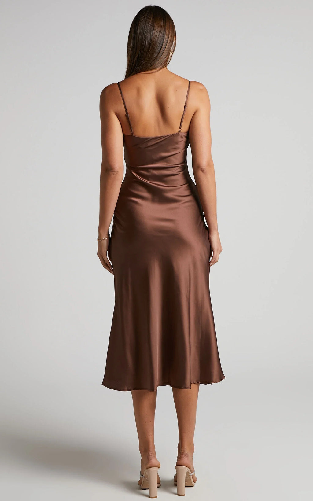 Dress Simple Cowl Neck Thigh Slit Slip Chocolate Midi Dress Spaghetti Straps Solid Color Sleeveless Party Evening Dress