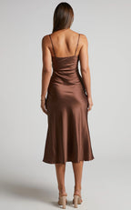 Dress Simple Cowl Neck Thigh Slit Slip Chocolate Midi Dress Spaghetti Straps Solid Color Sleeveless Party Evening Dress