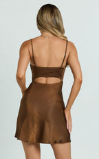 Dress Simple Cut Out Back Slip Mini Dress Chocolate Sheath Sleeveless Backless Spaghetti Straps Homecoming Dress