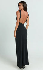 Black Dress Simple Deep V Neck Low Back Bodycon Maxi Dress Solid Color Sleeveless Backless Party Evening Dress With Slit