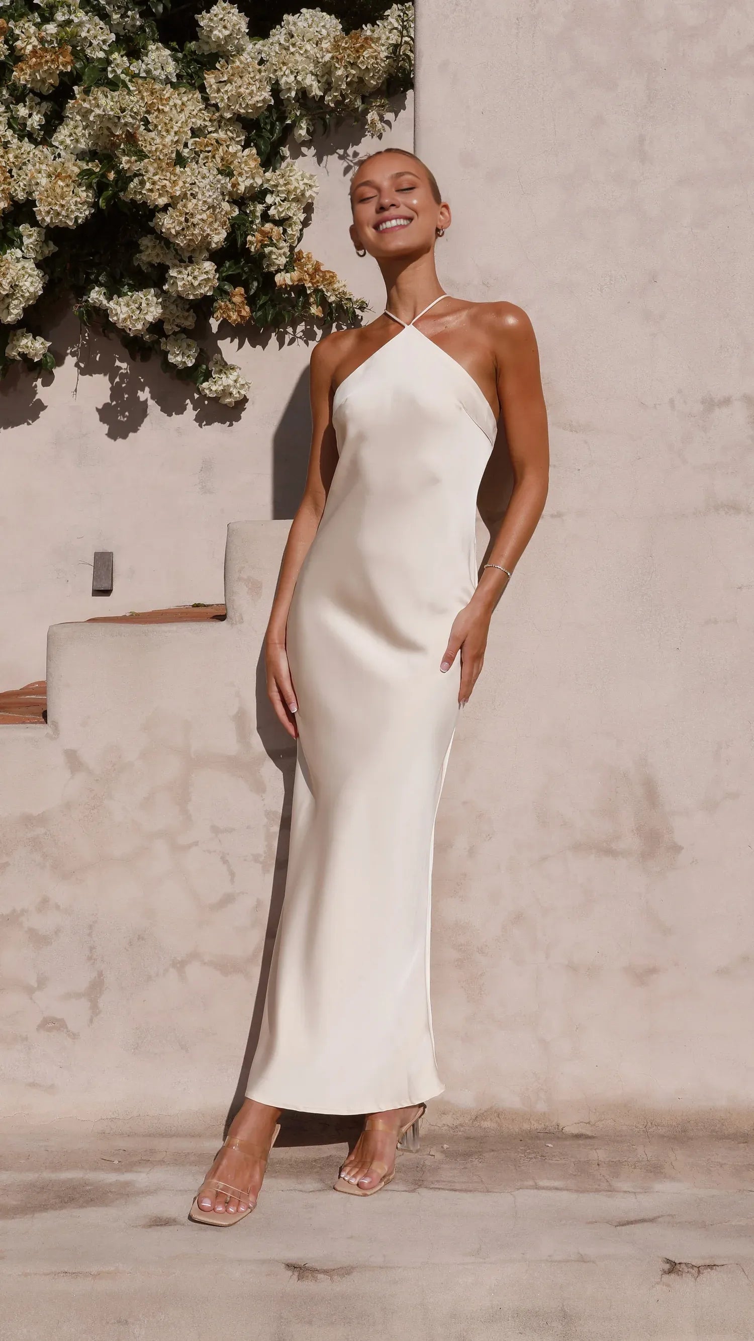 Dress Simple Halter Neck Maxi Dress Latte Mermaid Cold Shoulder Solid Color Sheath Open Back Prom Dress