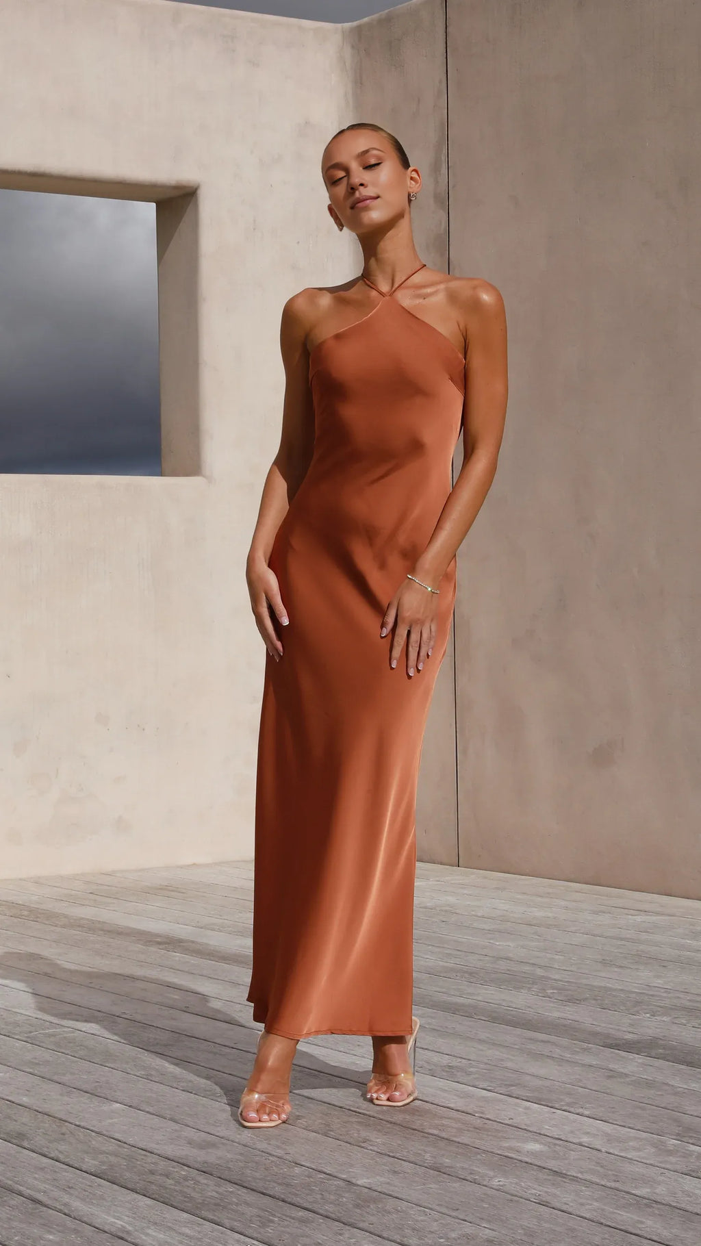 Dress Simple Halter Neck Maxi Dress Latte Mermaid Cold Shoulder Solid Color Sheath Open Back Prom Dress