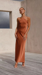 Dress Simple Halter Neck Maxi Dress Latte Mermaid Cold Shoulder Solid Color Sheath Open Back Prom Dress