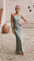 Dress Simple Halter Neck Maxi Dress Latte Mermaid Cold Shoulder Solid Color Sheath Open Back Prom Dress