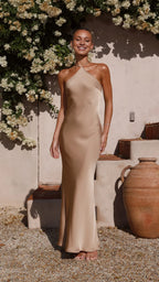 Dress Simple Halter Neck Maxi Dress Latte Mermaid Cold Shoulder Solid Color Sheath Open Back Prom Dress