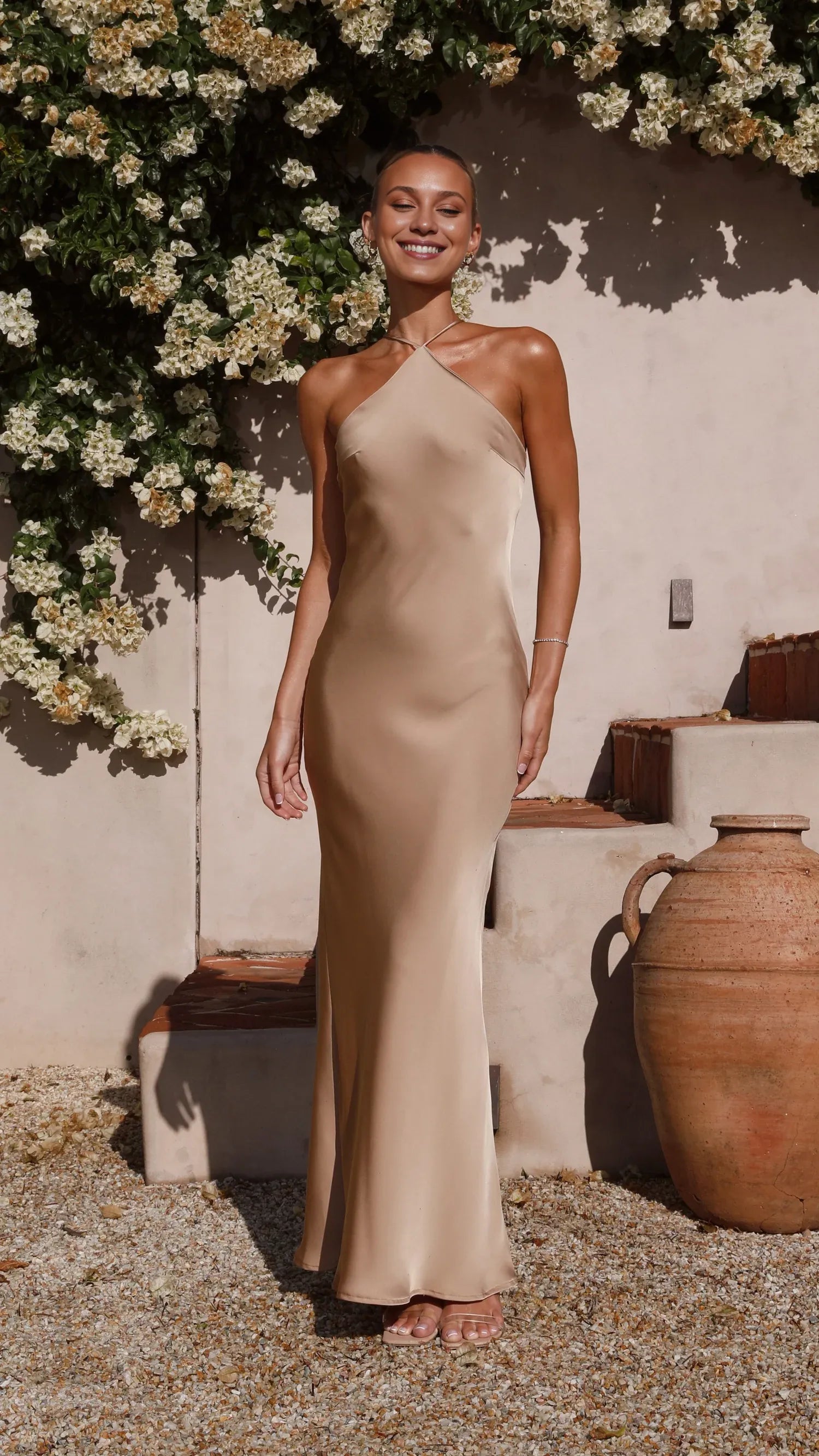 Dress Simple Halter Neck Maxi Dress Latte Mermaid Cold Shoulder Solid Color Sheath Open Back Prom Dress