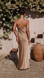 Dress Simple Halter Neck Maxi Dress Latte Mermaid Cold Shoulder Solid Color Sheath Open Back Prom Dress
