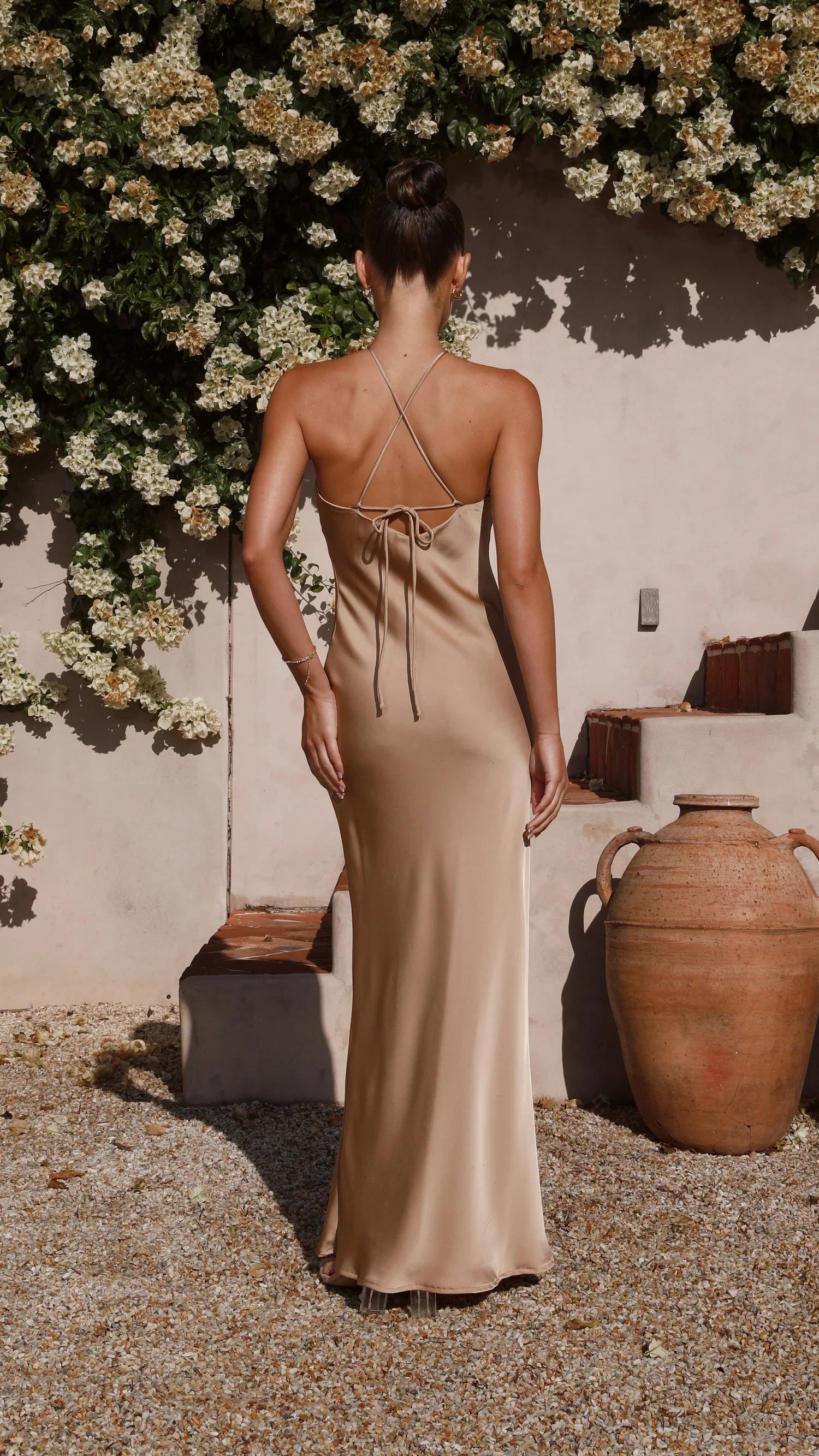 Dress Simple Halter Neck Maxi Dress Latte Mermaid Cold Shoulder Solid Color Sheath Open Back Prom Dress