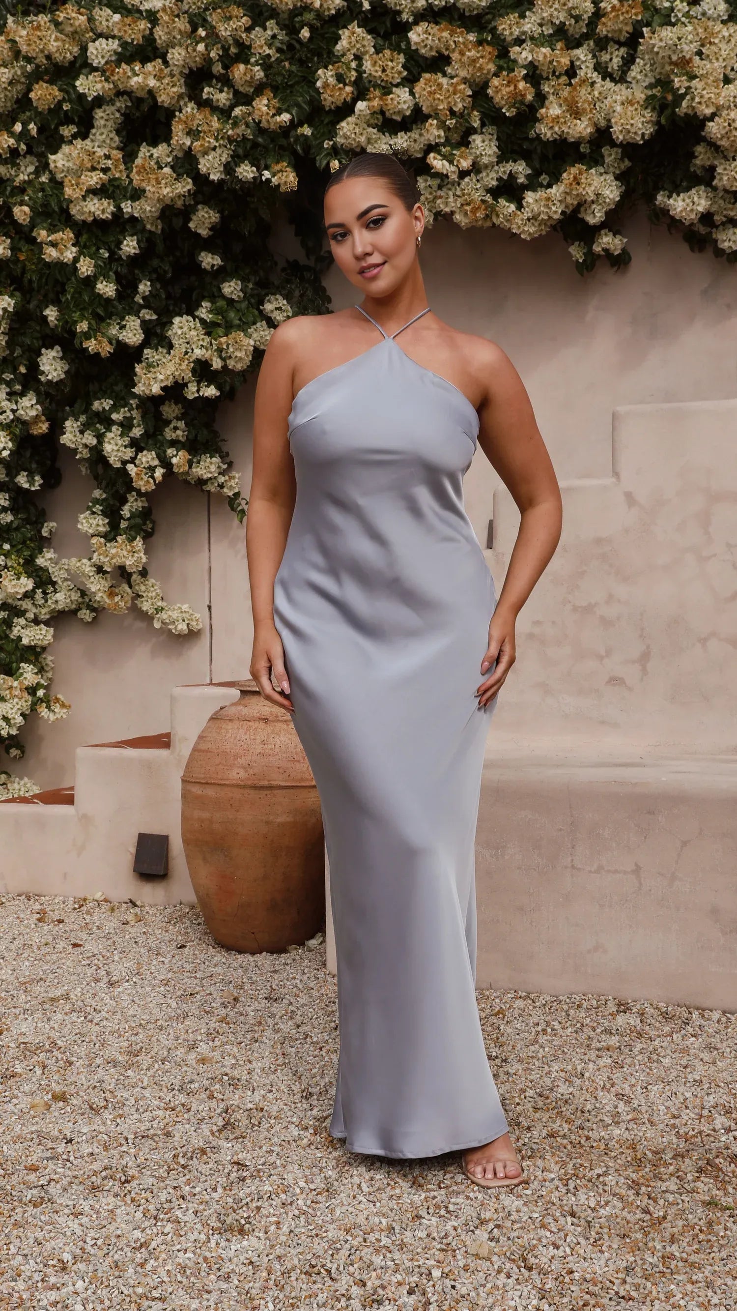 Dress Simple Halter Neck Maxi Dress Latte Mermaid Cold Shoulder Solid Color Sheath Open Back Prom Dress