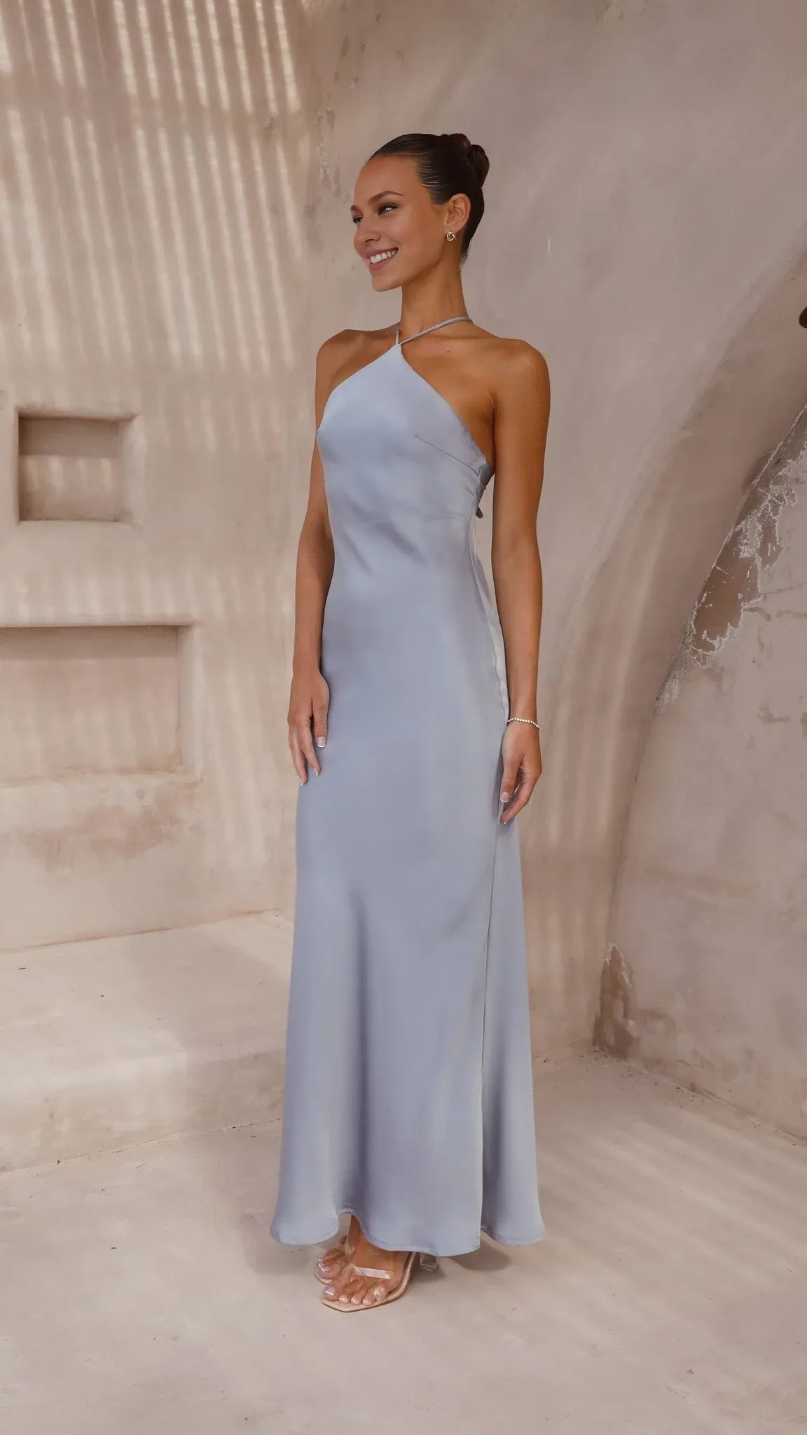Dress Simple Halter Neck Maxi Dress Latte Mermaid Cold Shoulder Solid Color Sheath Open Back Prom Dress