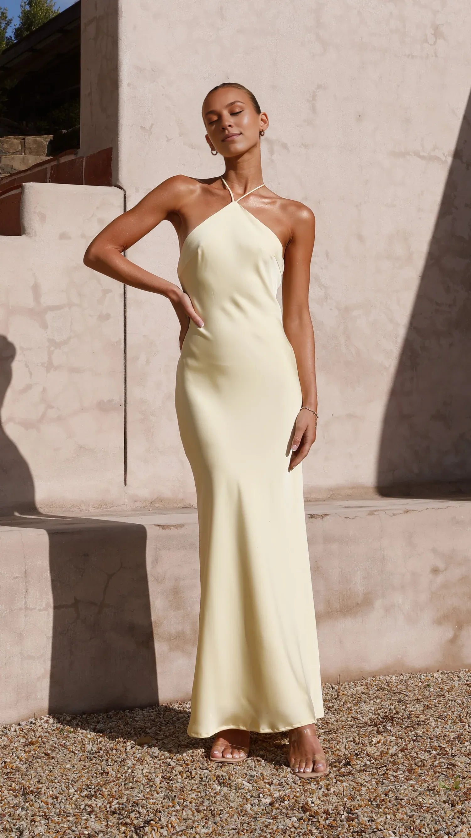 Dress Simple Halter Neck Maxi Dress Latte Mermaid Cold Shoulder Solid Color Sheath Open Back Prom Dress
