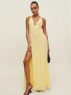 Dress Simple Halter V Neck Sleeveless A-line Prom Dress Maxi Dress Column Backless Evening Dress With Slit